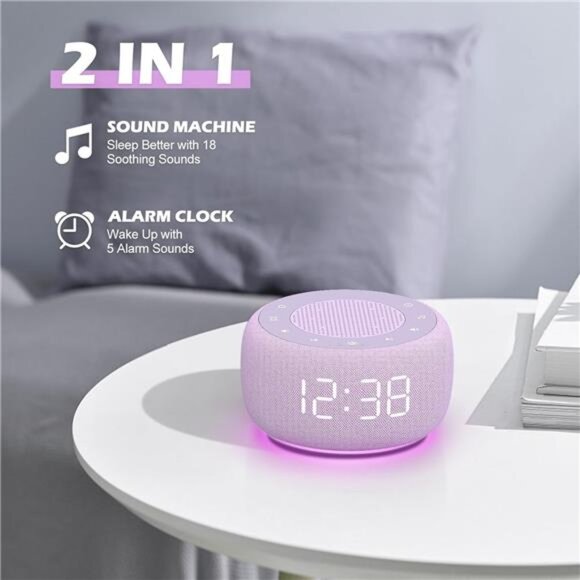 Sound Machine & Alarm Clock 2-in-1, 0-100% Clock Face Brightness, Bottom Colored - Picture 2 of 8